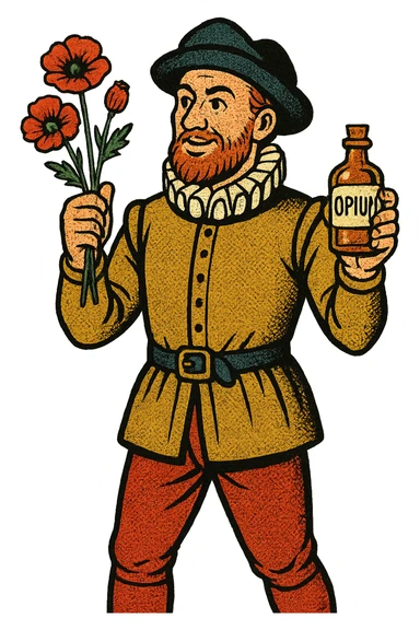 the full body of a tudor explorer sailor holding small poppies and an old medicine bottle with the word opium on it sticker