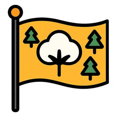 flag with a central cotton plant and trees in the corners, clean and modern sticker