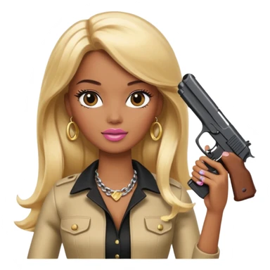 Brown skin blonde hair barbie with black gun sticker