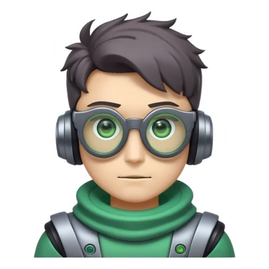 estilo de emote de twitch, personaje con gafas roboticas con ojos verdes, color de piel gris oscuro pero el cuello color piel normal, tiene la sudadera del personaje Agoti de FNF y el pelo castaño y desordenado sticker