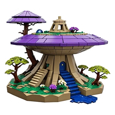 Crashed Alien saucer-castle jungle Lego winding footpath mountainside getaway haunted nighttime hobbit landscape antique mudman very old broken cracked intricate Stone Age lapis-crusted irregular dodecagon-shaped shallow dark moss rough bark violet flowered maple treehouse bonsai Saikei sticker
