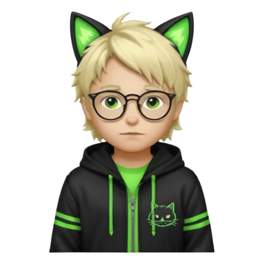 Light blond, slightly messy hair
Black glasses
A black hoodie with cat ears
Neon green details on the jacket and pants (glowing lines and stripes)
An overall hacker / cyberpunk style look
A neutral facial expression (boy )eyes brown) the hood with ears BROWN EYE sticker