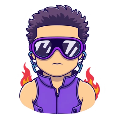 male athlete with white skin and moderately curly black hair on top with shaved sides, wearing ski goggles with purple frames and very dark black lenses, a simple plain black chain necklace, and a completely unzipped sleeveless vest with purple and black sequin fire pattern design, fully revealing his chest, shoulders and arms, no earrings sticker