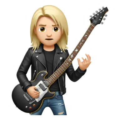 3D Apple-style emoji of a metal musician. Long hair, black leather jacket, ripped jeans, holding an electric guitar. Intense expression, glossy, rounded, smooth, soft shadows, white background.









 sticker