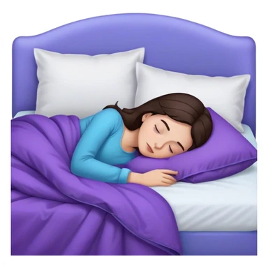 a white bed with a purple-blue duvet cover and a girl sleeping in it with dark brown hair sticker