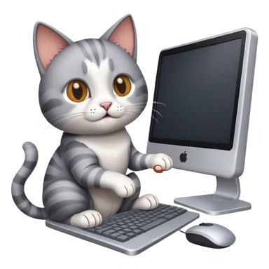 The cat is sitting at the computer and poking at the keyboard with its paw. sticker