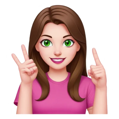 mid sized white skinned girl with green eyes and long brown hair showing her middle finger smiling maniacally in a pink t-shirt with pink lips sticker