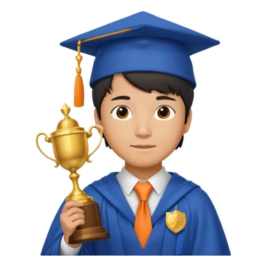 An asian man wearing student hat, blue student mantle and orange tie, holding a trophey sticker