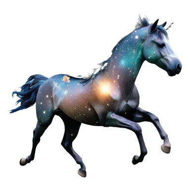 Ethereal zebra newspaper cutting flowers graffiti magazine collage glittering iridescent rich chestnut brown blue mane horse galloping through constellations and nebulas, unicorn Pegasus sticker