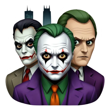 Thriller movie icon: A close-up collage with eerie, dramatic elements. Include the Joker, Hannibal Lecter, and a dark, moody Gotham City skyline in the background. The characters should look intense and shadowed, creating a tense atmosphere. Transparent background. sticker
