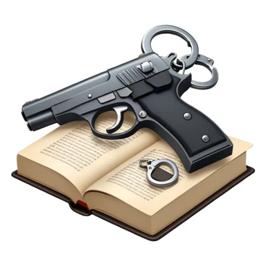 Icon for Action & Crime Reading: an open book with dramatic action scenes, surrounded by a gun, handcuffs, a badge, and a shadowy figure. The icon should evoke suspense, danger, and intrigue of crime and action stories. Transparent background. sticker