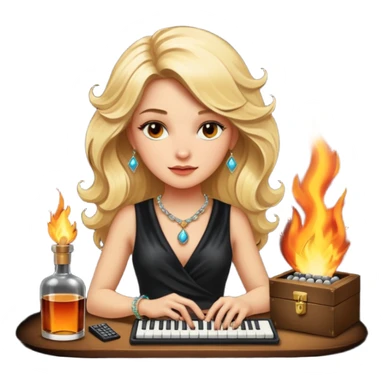 A sketchnote illustration rendered in a strong moody style, featuring a blonde woman with cascading gorgeous hair, a keyboard, a whiskey bottle, a key, a jewelry box, and fire elements against a black background. The lighting is low with low contrast, emphasizing dramatic shadows. sticker