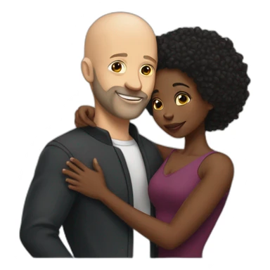 a hug from a black woman in a tight dress to a white man with no hair and a beard sticker