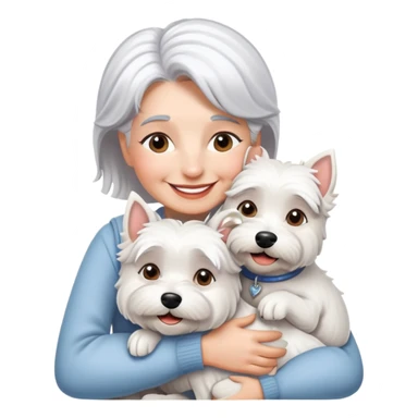 one silver-haired 60-ish lady smiling and hugging one westie sticker