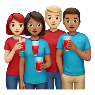 Two dozen adults in casual clothing with red, aqua and blue shirts with different drinks chatting at an afterwork meeting sticker