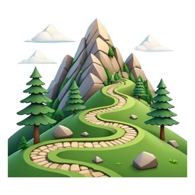 A 3D cartoon mountain trail winding up green slopes with stones and pine trees, distant peaks in background, warm daylight, Memoji-style.A 3D cartoon coiled climbing rope with a carabiner, golden color, resting on a rocky surface, realistic soft shadows, Memoji-style rendering. sticker
