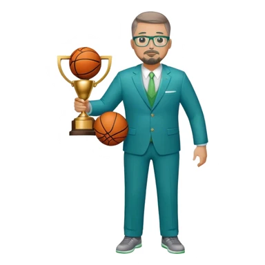 Full Body white plus size man  wearing glasses with a goatee with light brown and gray short hair basketball head Coach in blue and green suit holding trophy sticker