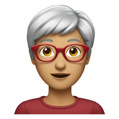A lady with short gray hair, and red circle glasses sticker