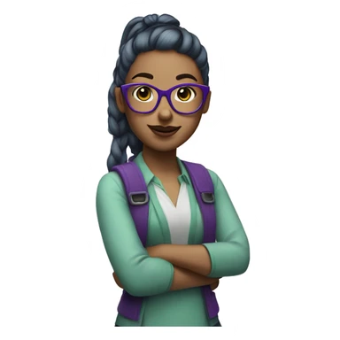 Nerd emoji, female, with green ponytail and purple glasses and blue eyes and pink lipstick sticker