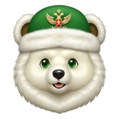 Happy Russian bear with bright green eyes, white fur ushanka hat with double-headed eagle insignia, cute facial expression sticker