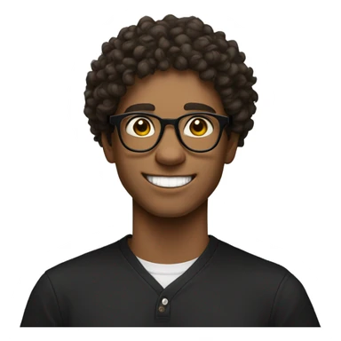 college student, fair skin, round glasses, big smile, curly hair, hinky eyes, black shirt sticker