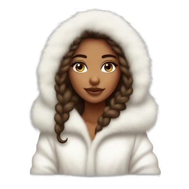 Tanned Girl with lashes ,  in an extremely big fluffy oversized white fur coat with hood on. The fur is real and it’s very obvious big and fluffy like in Pinterest  sticker