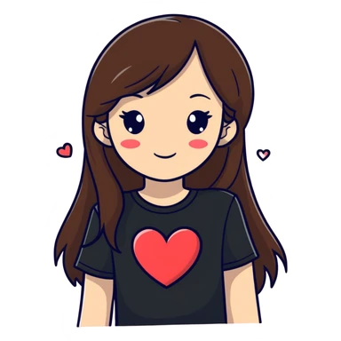 A girl with long brown hair, wearing a black T-shirt and many hearts  sticker