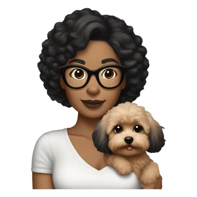 Tan skinned woman with black hair and black cat eye glasses  holding MaltiPoo dog sticker