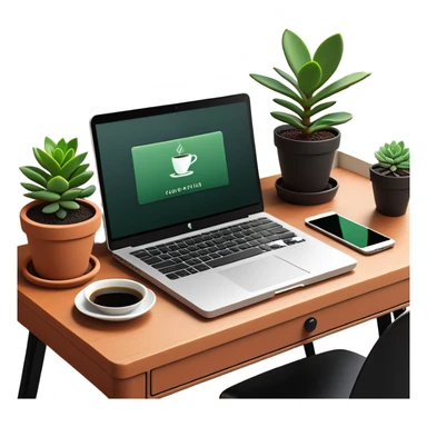 A tidy desk with a laptop, a steaming cup of coffee, and a small green potted plant, showing an organized and inspiring workspace sticker