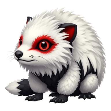 a fuzzy white with black belly and red eyes exotic edgy vernid-fionbri-creature full body sticker