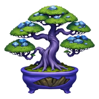 Futuristic wild glowing space alien moss maples shohin Bonsai hair-pine-leaf group multi faceted intricate crystalline inspired boxwood purple blue informal rocky cliffhanger eight trees forest planting in shallow willow slab style pot with big animal-like feet  sticker