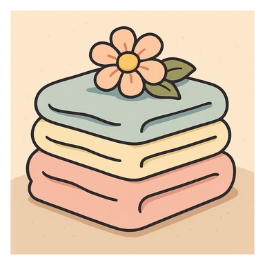a stack of fluffy towels with a flower, spa vibe, cozy and inviting atmosphere sticker