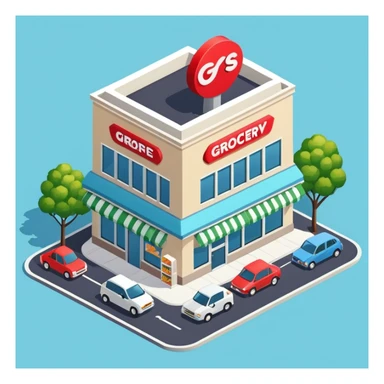 Isometric grocery store building with large windows, parking area, and store signage sticker