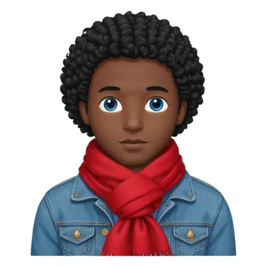 black skin man, curly black hair wear big red scraft, jean jacket sticker