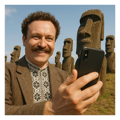 taks a selfie in front of statues on Easter Island sticker