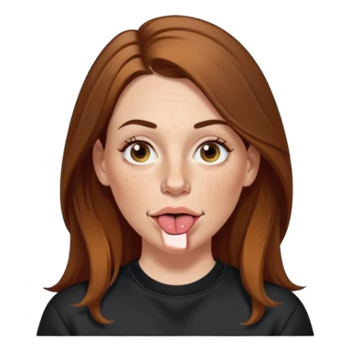 A 38 year old white woman with long brunette hair parted in the middle. She has her nose pierced. Her nose is medium sized. She has brown eyes. She has freckles and is wearing a black sweatshirt and is sticking out her tongue. sticker