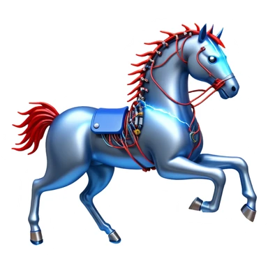 fast electric horse made of electricity, metal plates, bolts, visible blue and red wires, lightning surrounding it sticker