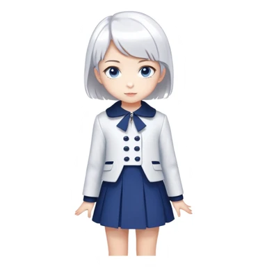 Create image A cute little girl. Silver white short hair, navy blue and white modren dress with a very elegant coat and very short skirt, Blue eyes, Anime style.

 sticker