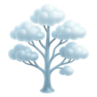 one tree with many branches and a white trunk, crown made of small very bright white fluffy convex clouds, matte glass style sticker
