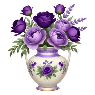 A dainty porcelain vase, hand-painted with delicate lavender pansies and deep purple roses, holds an elegant bouquet of amethyst-hued peonies, fragrant sprigs of wild lavender, and trailing silk ribbons, with a tiny heart-shaped charm dangling from its neck, swaying gently in the evening breeze.
 sticker