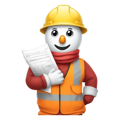 snowman holding construction documents with red shirt and orange vest sticker