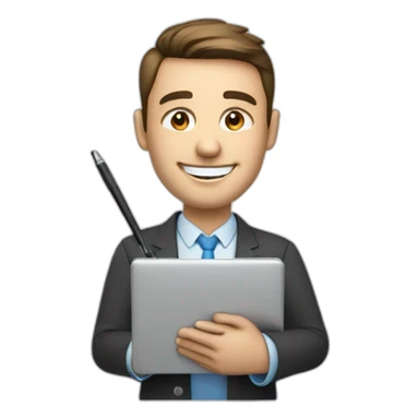 friendly male virtual assistant with a smiling  holding a digital tablet or stylus sticker