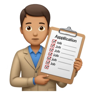 Man looking sad while holding a clipboard with a checklist that has a heading that says job application  sticker
