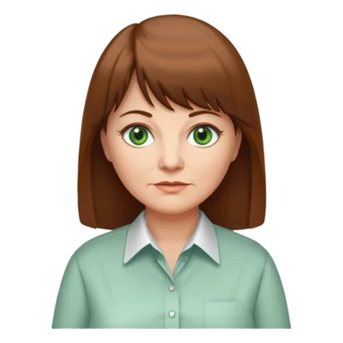 60 yr old woman, green eyes, long straight hair, business shirt, chubby, bangs sticker