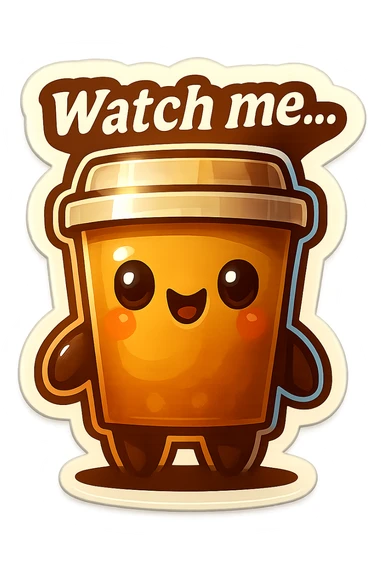 Tall coffee cup, giggling, mischievous eyes, "Watch me..." sticker