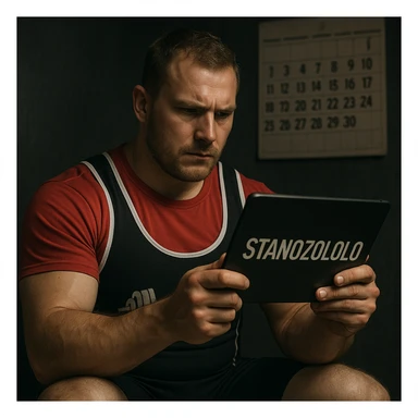 European powerlifter in competition clothing observing a tablet labeled 'STANOZOLOLO', attentive look, private environment, calendar in background, secretive atmosphere, realistic details sticker