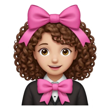 Curly hair girl, Pleading Face emoji, using pink bow sticker