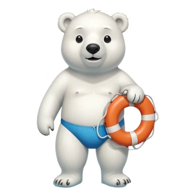 full body friendly anthropomorphised polar bear wearing swim shorts, life buoy around waist, swim goggles, standing with water pooled around feet sticker