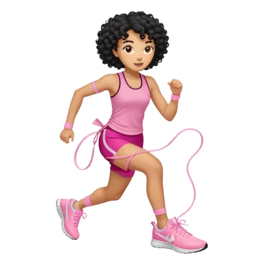 Mixed-race athletic woman with caramel skin, black curly hair, wearing pastel pink running shoes, tying laces sticker