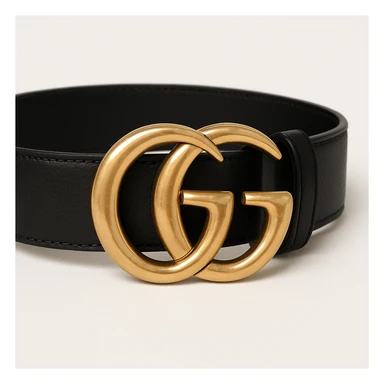 a Gucci belt, close-up of gold GG logo, black leather strap, high-end fashion, white background sticker